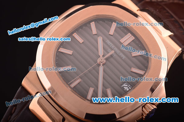 Patek Philippe Nautilus Swiss ETA 2824 Automatic Rose Gold Case with Grey Dial and Brown Leather Strap - Click Image to Close